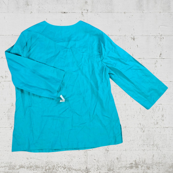 Talbots Teal Green Beaded Embroidered V Neck 3/4 Sleeve Linen Blouse Size Large - Picture 7 of 7